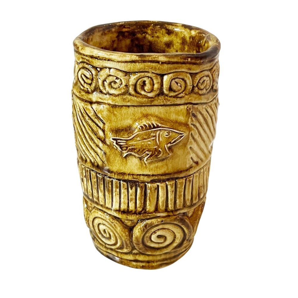 Vintage Unique Studio Art Pottery Vase Brown Glaze Fish Eagle Design Signed VLD